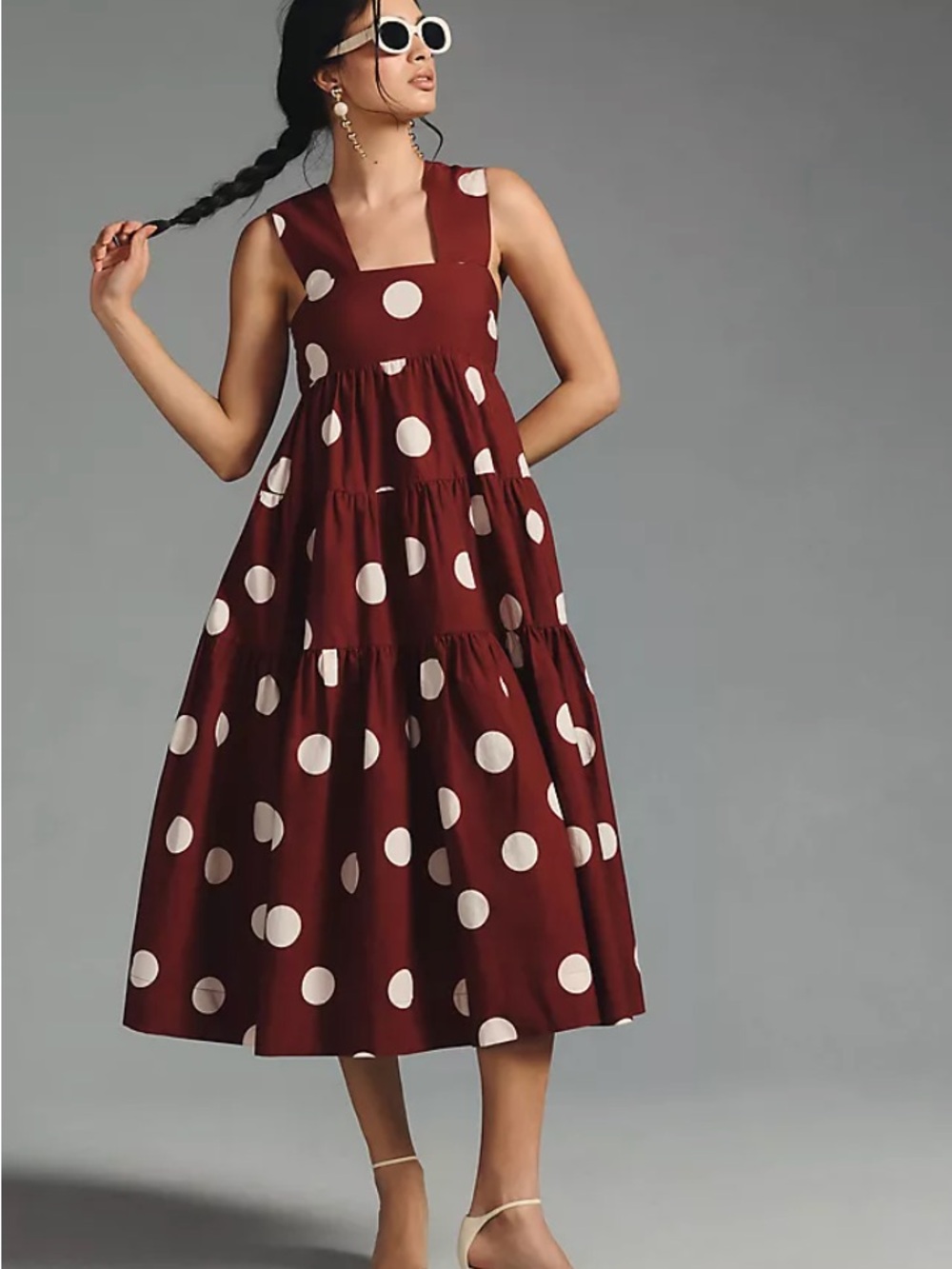 Anthropologie Sleeveless Brown Polka Dot Tiered Midi Dress - Size 1X